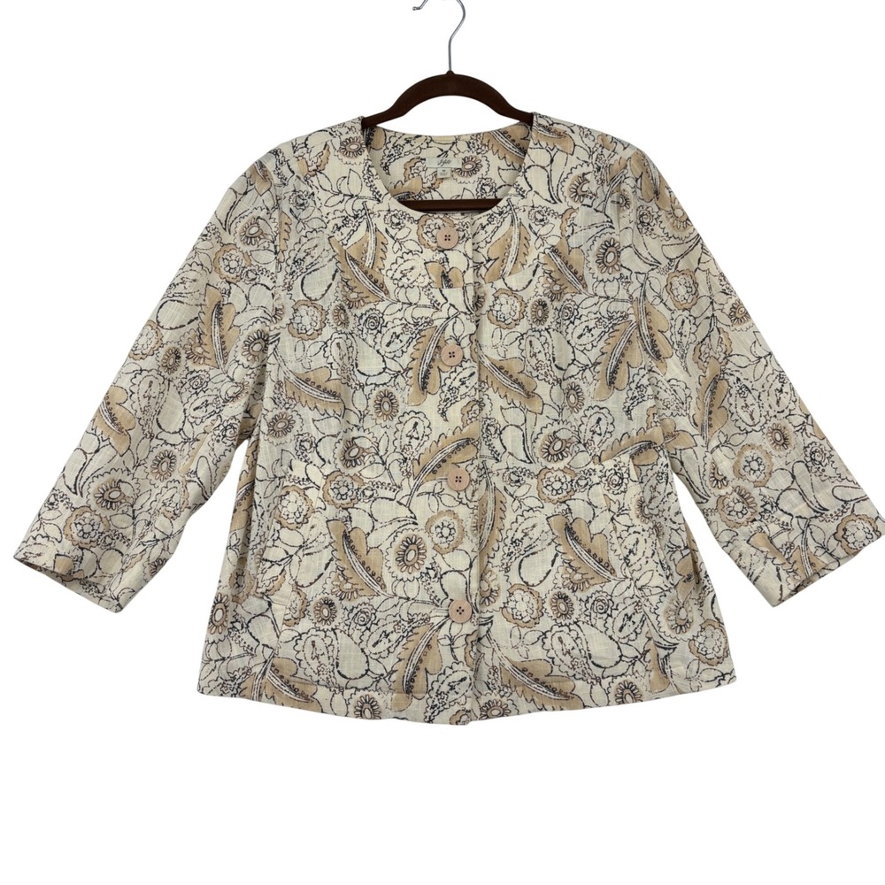 J Jill Jacket Size M Floral Paisley Linen Blend Neutral Blazer Button Front